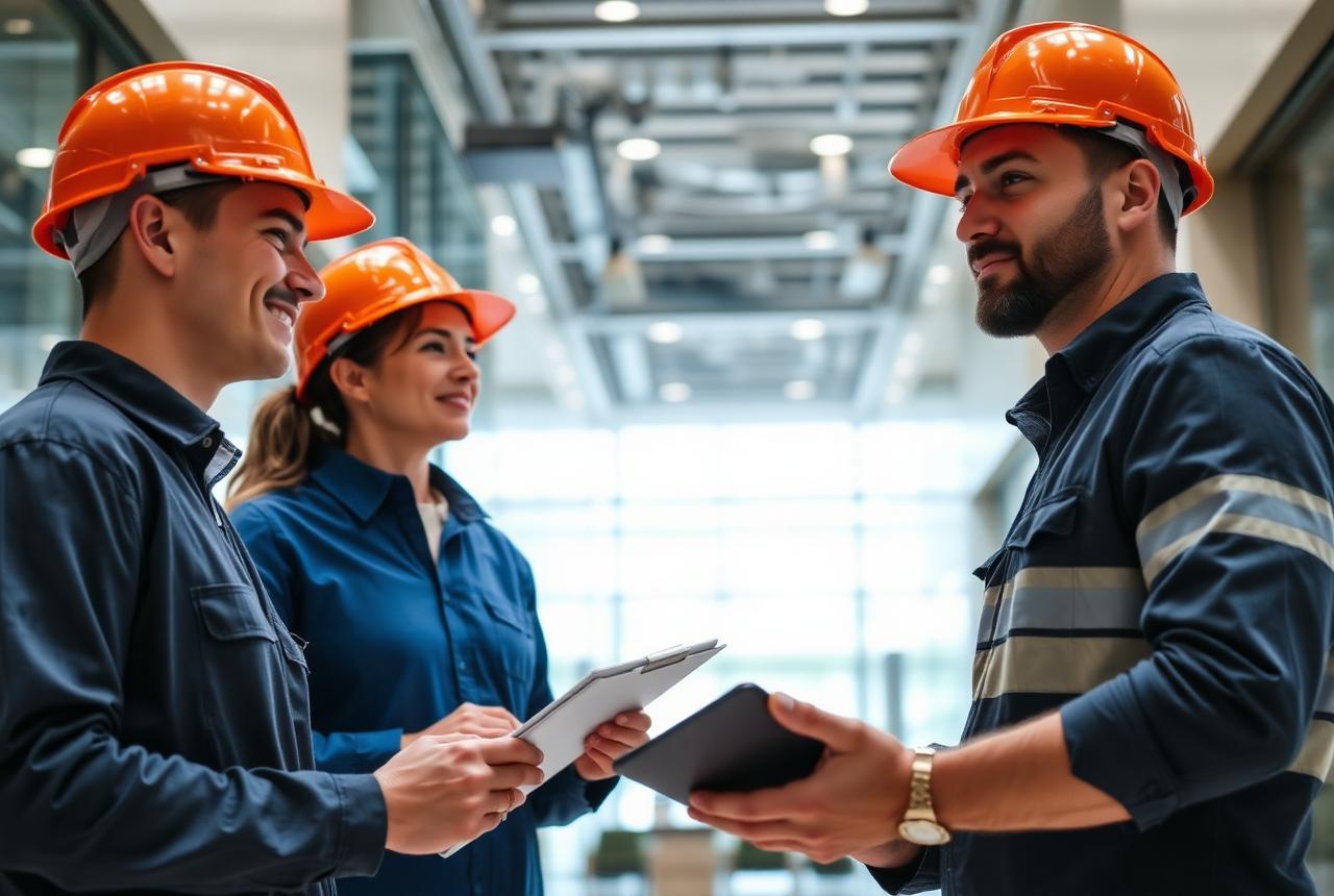 Equipe técnica executando manutenção preventiva predial